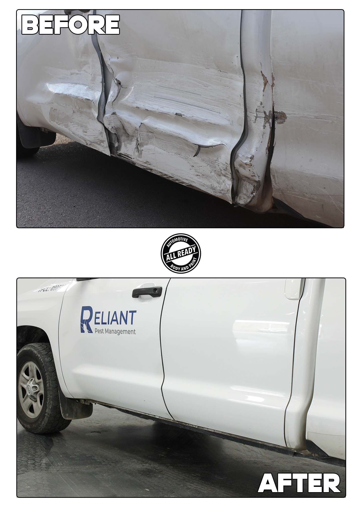 Before and after shots of a white truck door repaired from severe dents to a smooth, finished state.