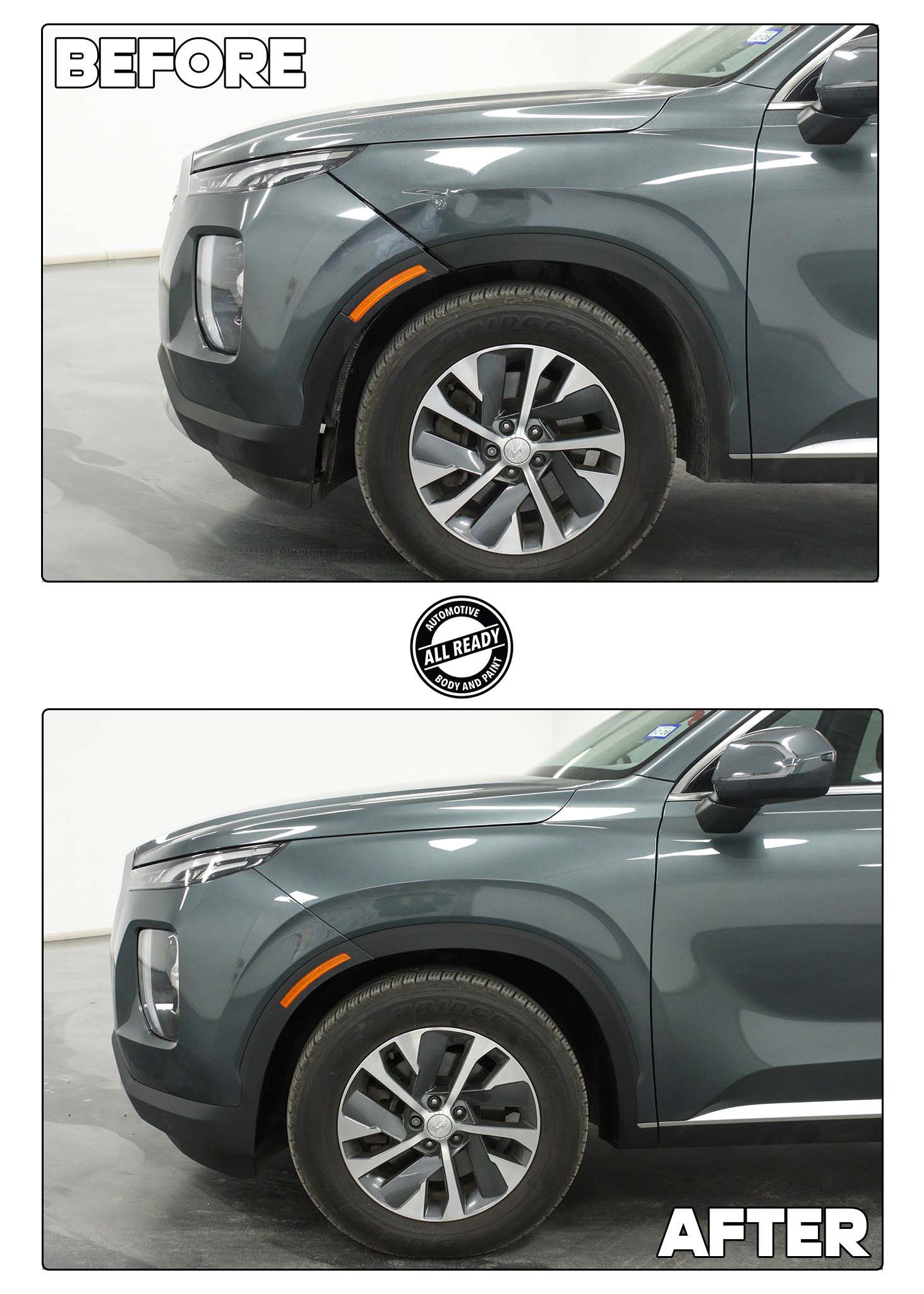 Before and after photos of a grey SUV showing the repair of a dent on the front fender above the wheel well.