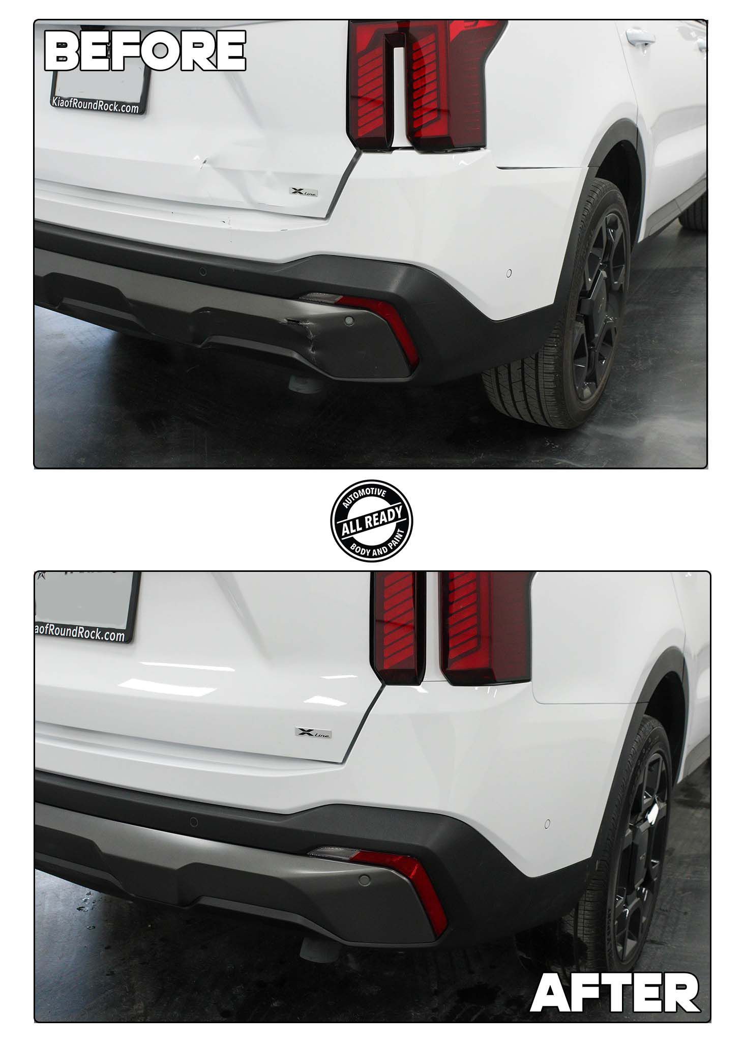 A split-screen comparison showing a white SUV's rear bumper before and after a cosmetic repair of a scratch.