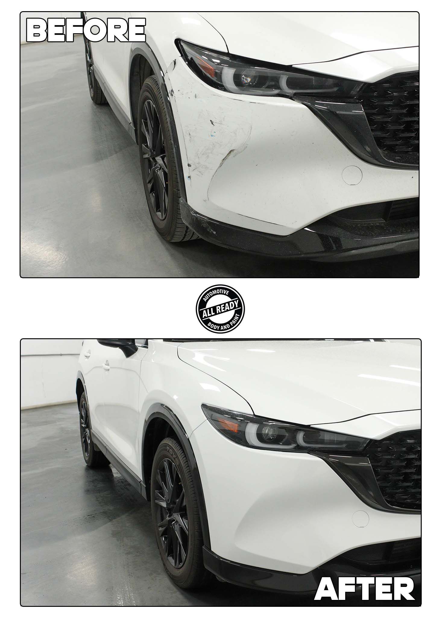A comparison showing the front corner of a white car before and after a cleaning service removed road debris and dirt.