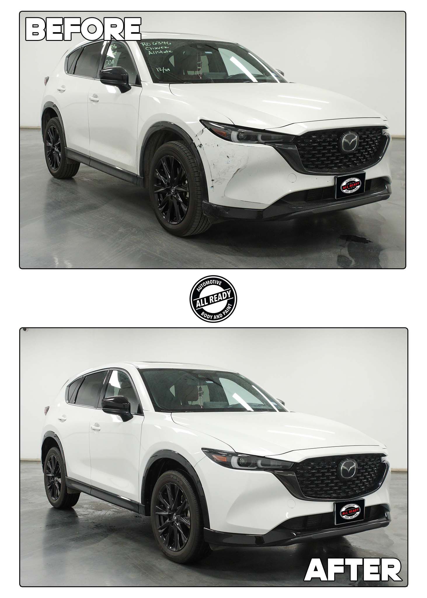 A comparison of a white Mazda SUV before and after a modification, with a logo in the center.