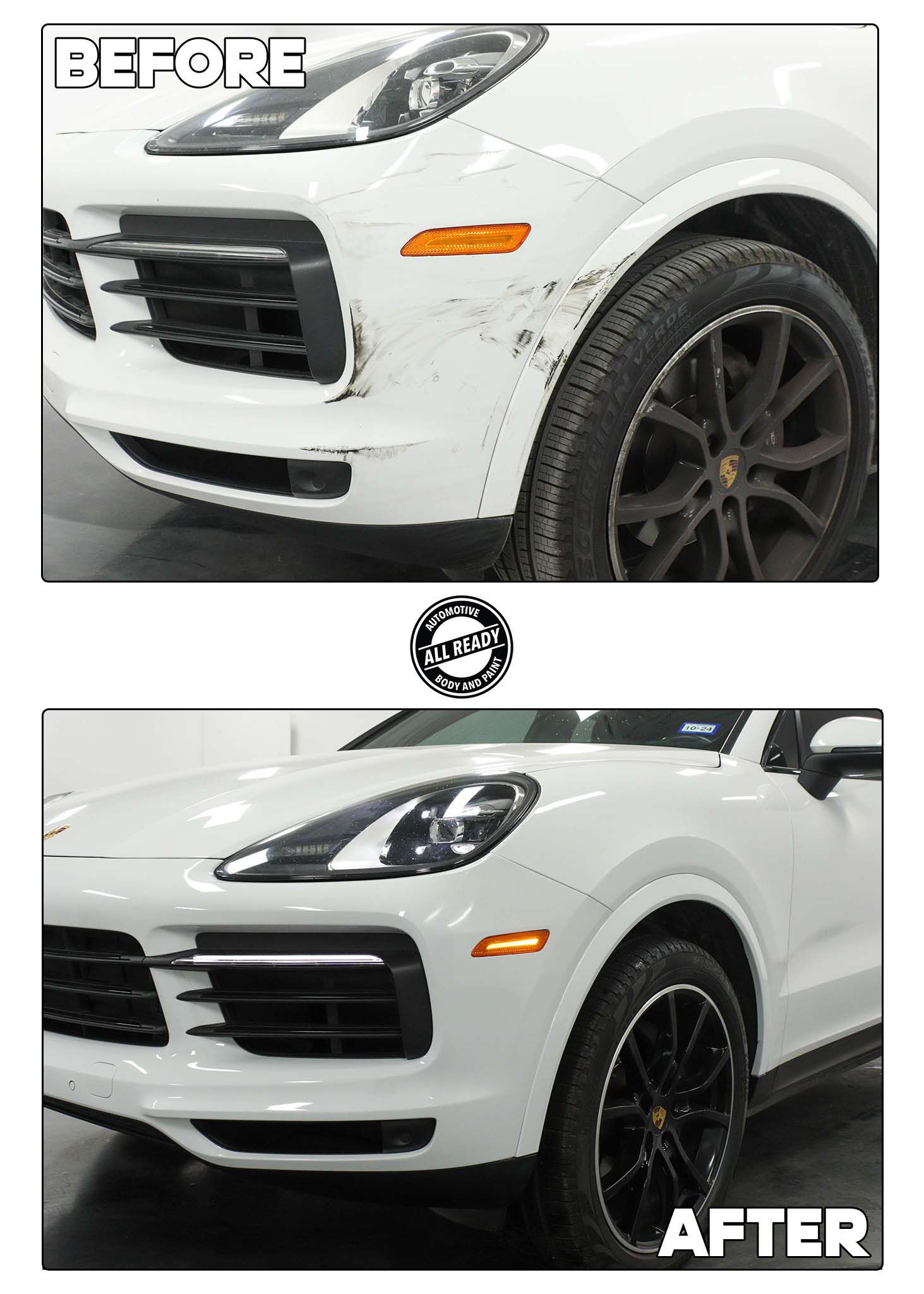 Before and after comparison of a white Porsche with a repaired scratch and dent on the front bumper.