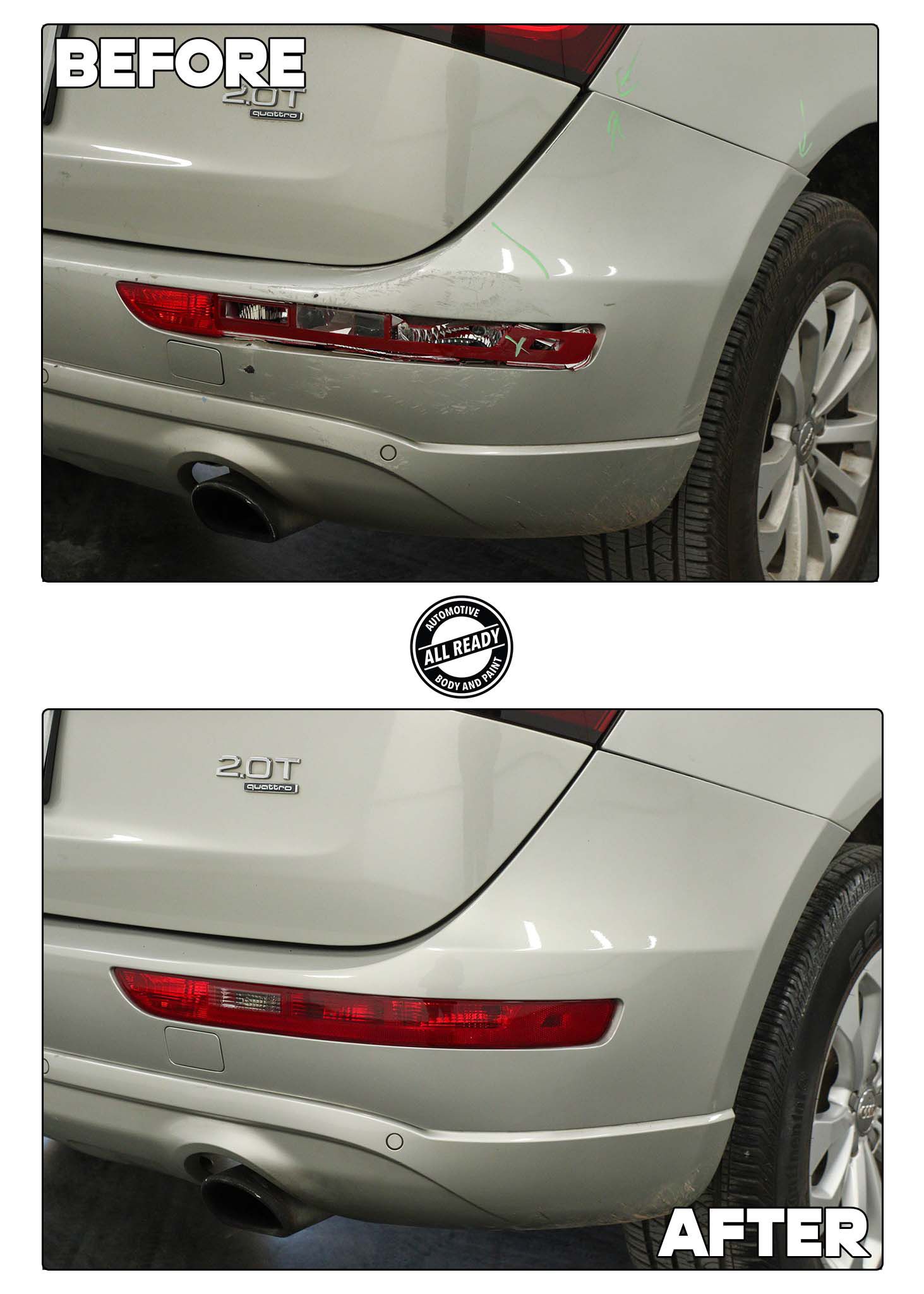 A before-and-after comparison of a silver car bumper showing the removal of scratches and scuffs from the paint.