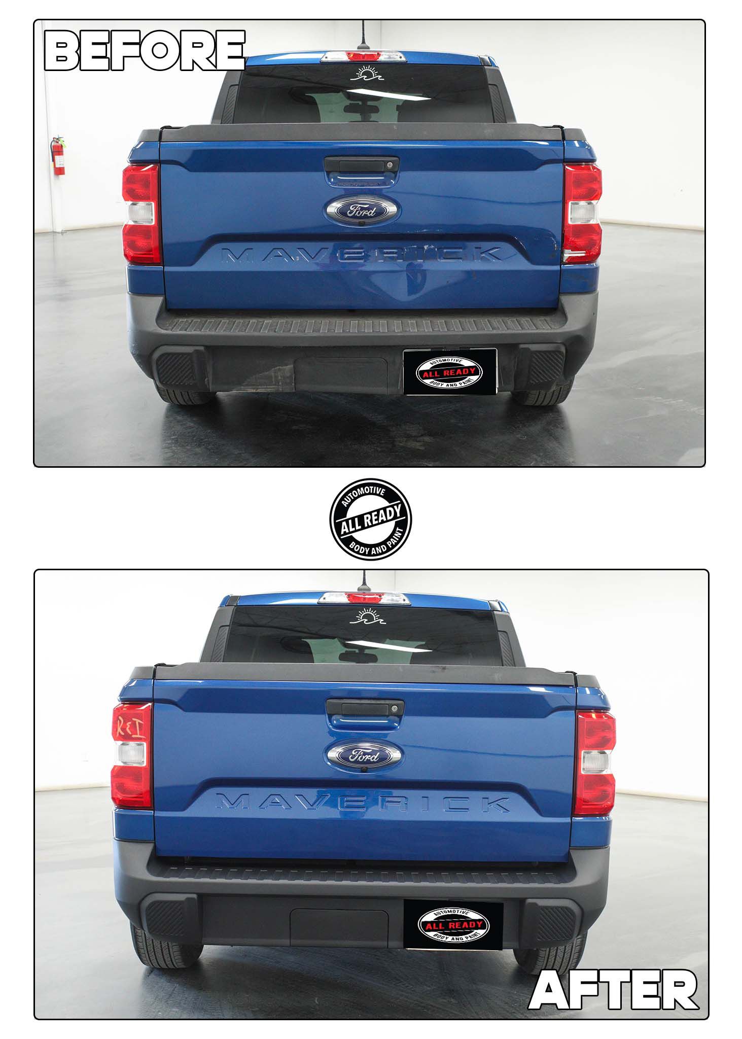 Before and after photos show a dented blue truck tailgate repaired to its original condition.