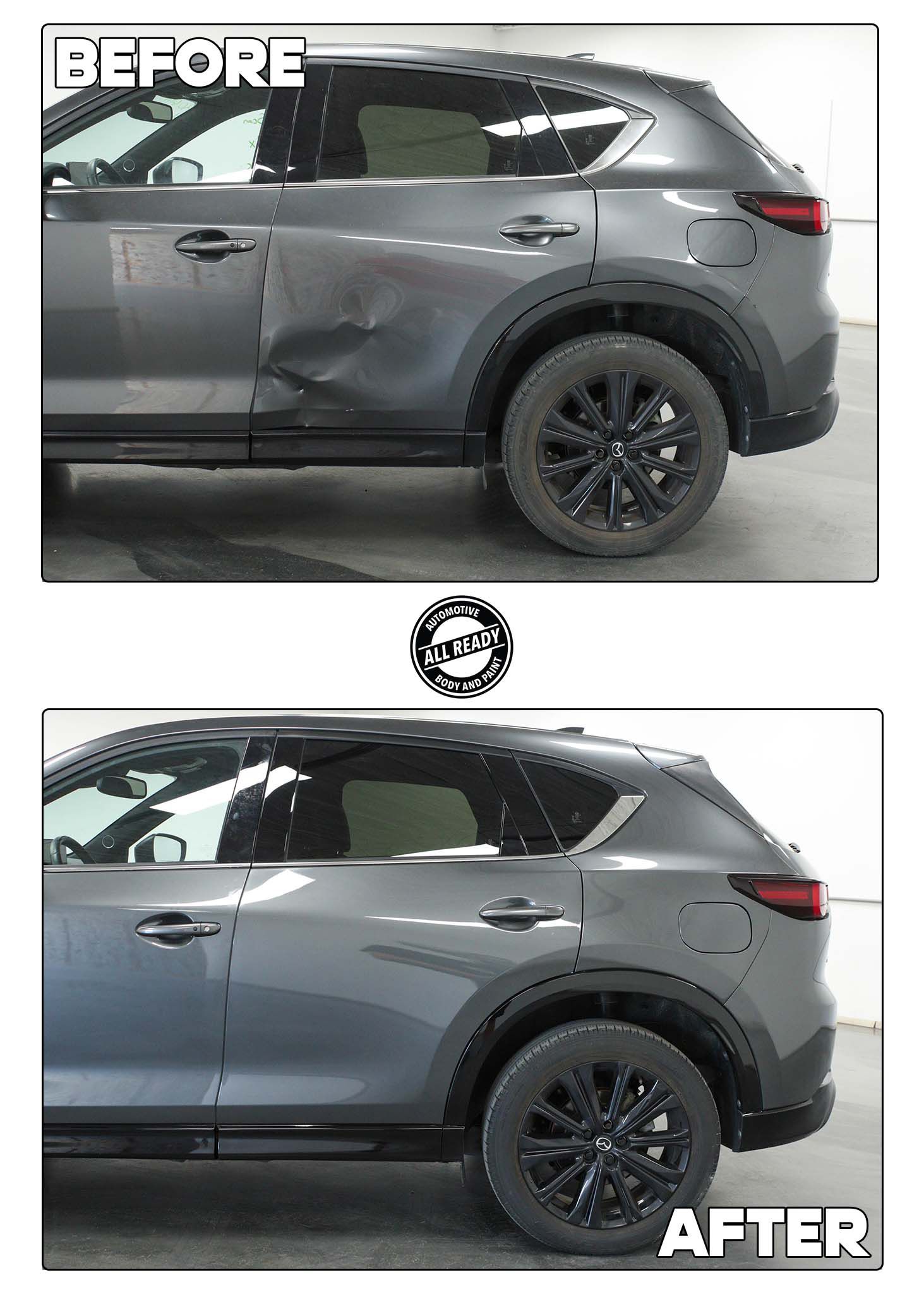 Before and after images of a grey SUV showing a repaired dent on the rear passenger door.