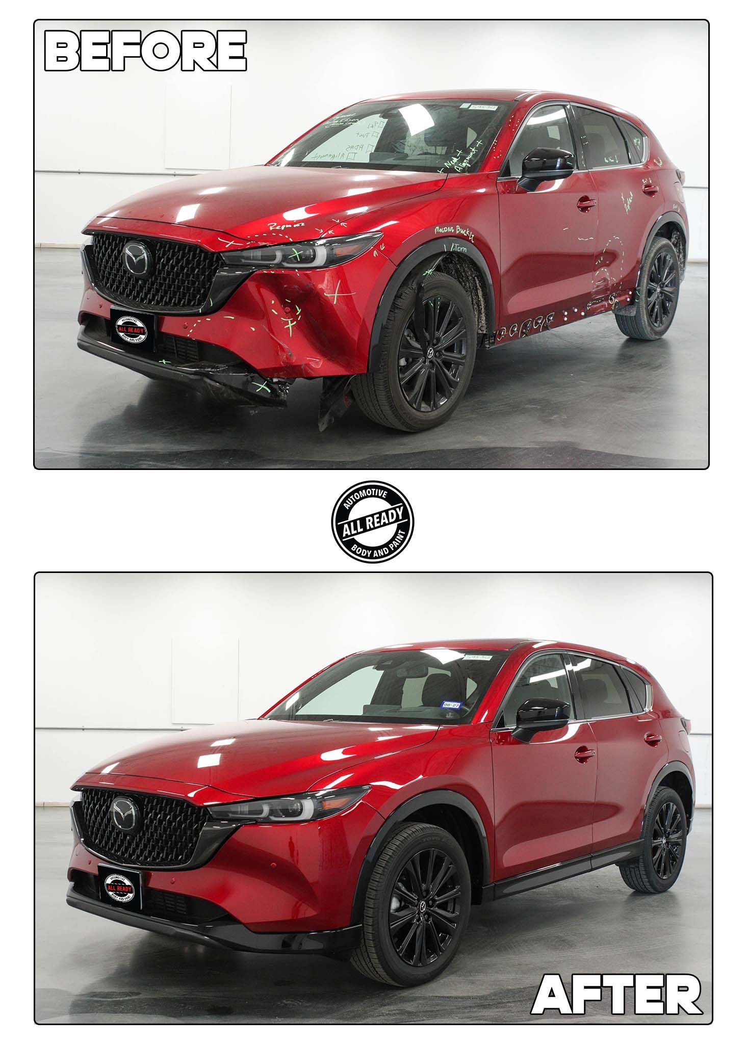 Before and after photos of a red Mazda SUV showing a damaged front bumper repaired to its original condition.