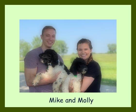 Man and woman holding two black and white dogs, standing outside. 