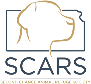 Logo of SCARS animal shelter with outline of a dog inside Kansas outline, navy and tan.
