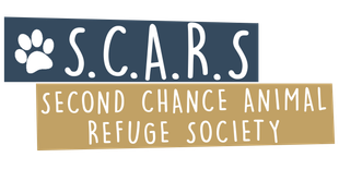Logo for S.C.A.R.S. Second Chance Animal Refuge Society with paw print icon and white text on blue and tan bands