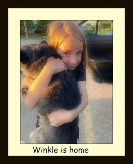 Girl hugging a puppy; girl smiling.