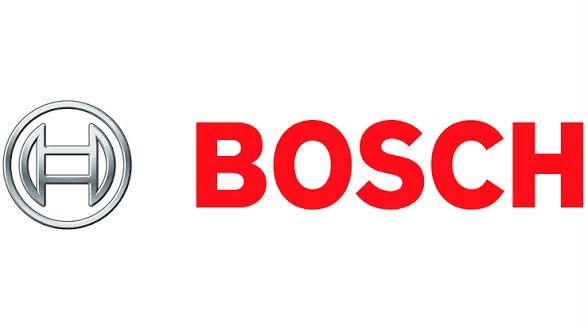 Logo Bosch con emblema circolare argentato e marchio rosso su sfondo bianco