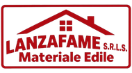 Logo per Lanzafame S.R.L.S., sagoma rossa di una casa con la scritta “Materiale Edile” su sfondo bianco
