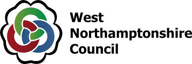 A logo for the west northamptonshire council with a flower in the middle.
