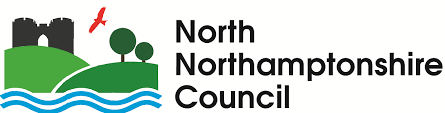 The north northamptonshire council logo has a castle , trees , and waves.