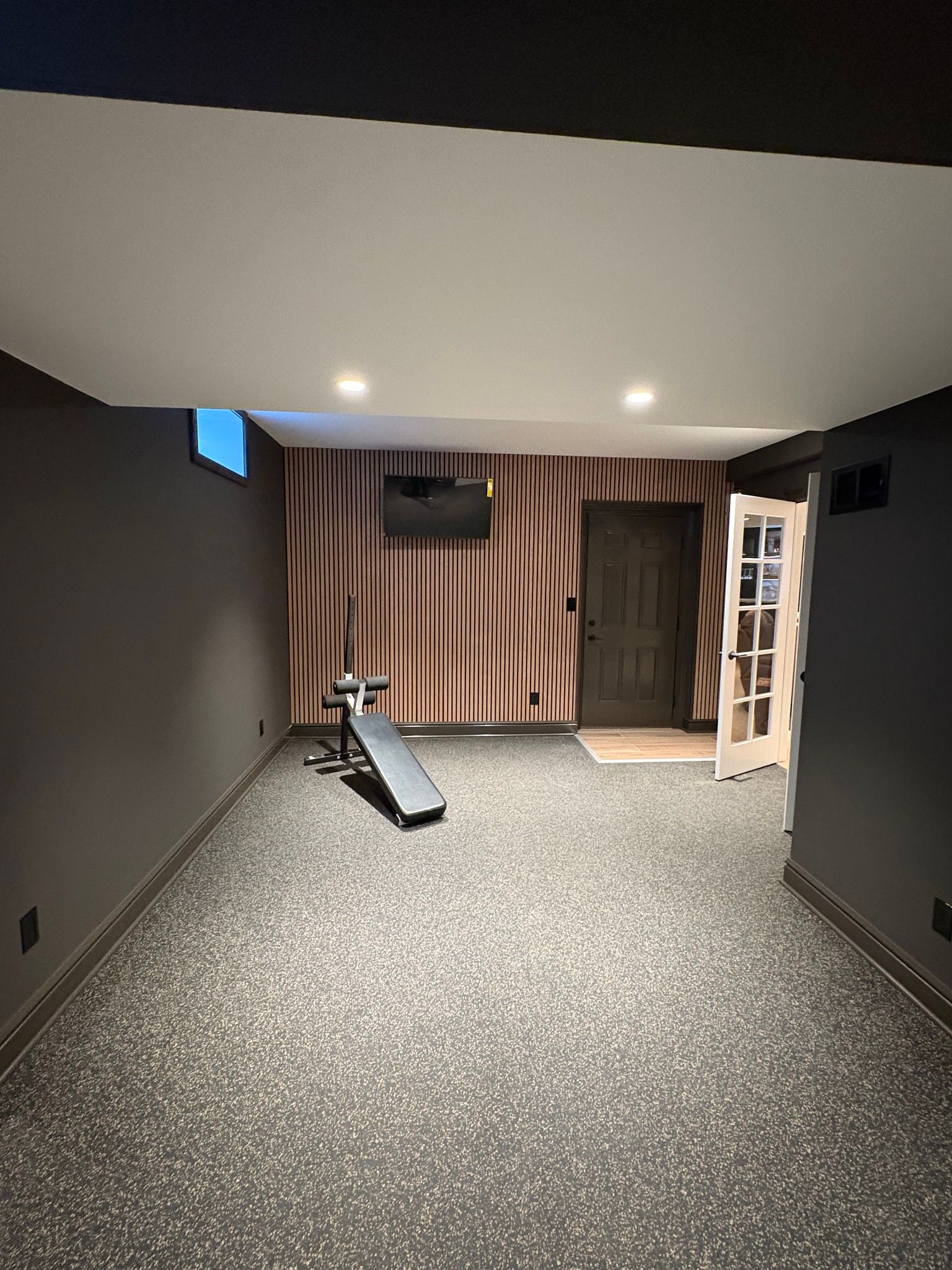 Empty basement room with speckled carpet, gray walls, exposed insulation, and a small slide in the center.