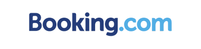 El logotipo de Booking.com es azul y blanco sobre un fondo blanco.