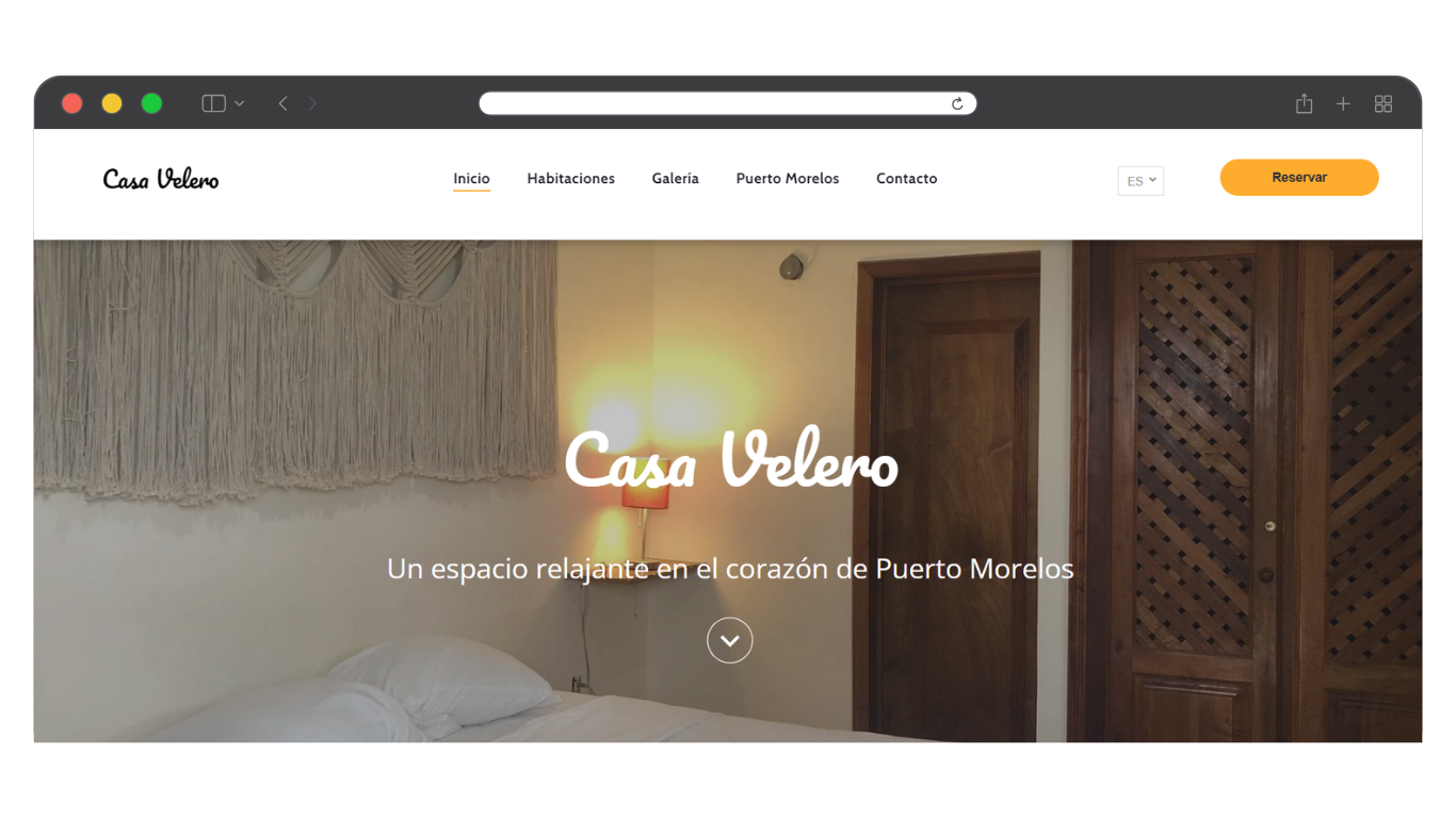 Banner principal de la página web de Casa Velero que muestra un dormitorio luminoso.