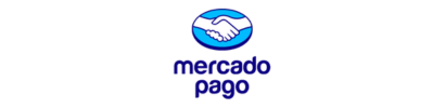 Logotipo de Mercado Pago con un icono de apretón de manos azul sobre el nombre de la marca.