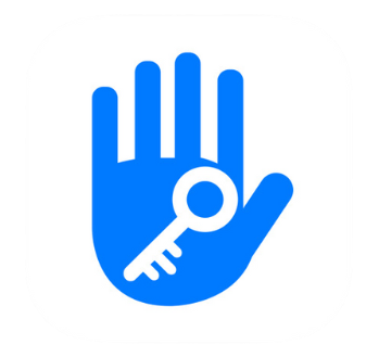Icono de una mano azul sosteniendo un símbolo de llave blanca