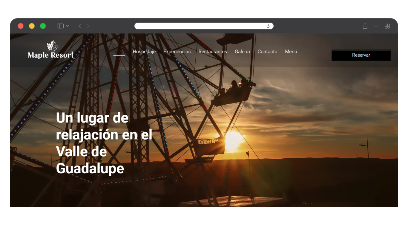 Vista al atardecer de un viñedo en el Valle de Guadalupe con texto promocional: “Un lugar de relajación”.