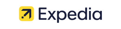 Se muestra un logotipo de Expedia sobre un fondo blanco.