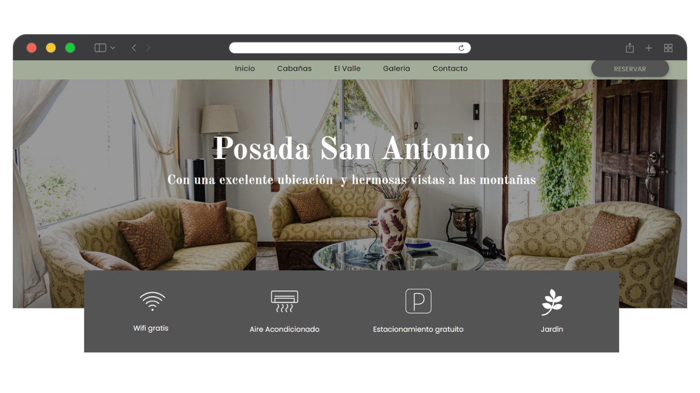 Página de inicio del sitio web del hotel Posada San Antonio.