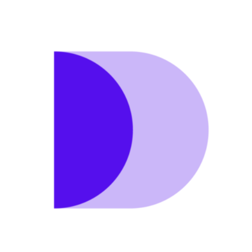 Logotipo abstracto de color púrpura con semicírculos oscuros y claros superpuestos que forman una forma de D estilizada.