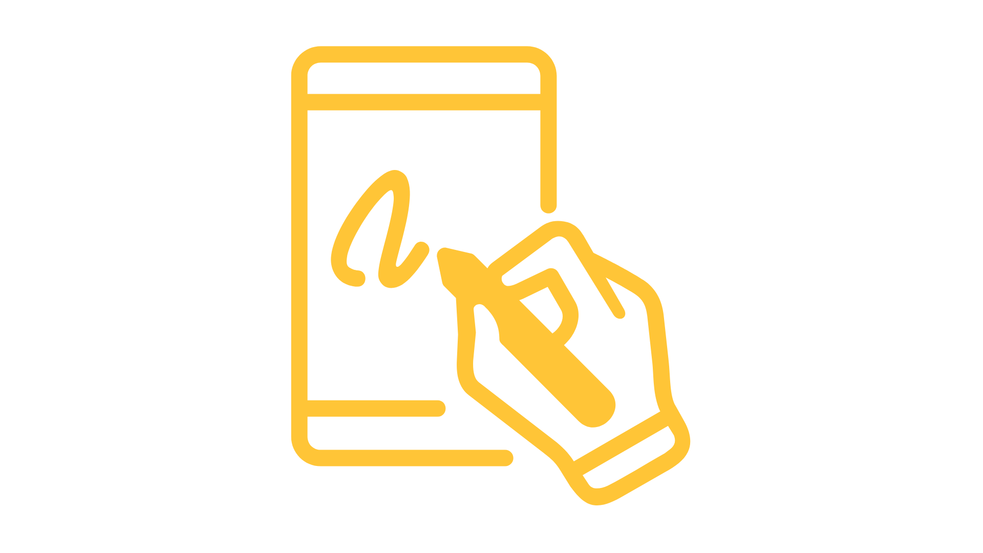Icono de línea amarilla de una mano firmando en un documento o pantalla de tableta.