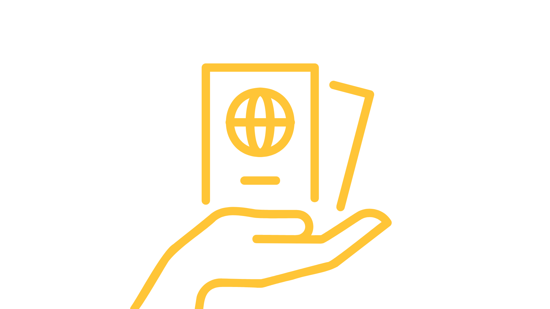 Contorno amarillo de una mano sosteniendo un pasaporte y un icono de tarjeta.