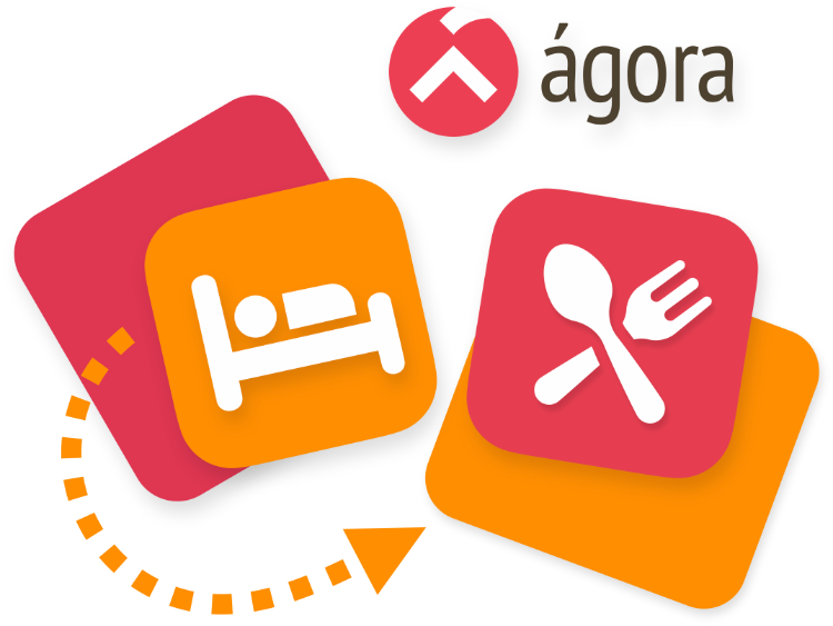 Logotipo de Agora con iconos de cama y utensilios naranjas sobre azulejos rosas con enlace de flecha punteada