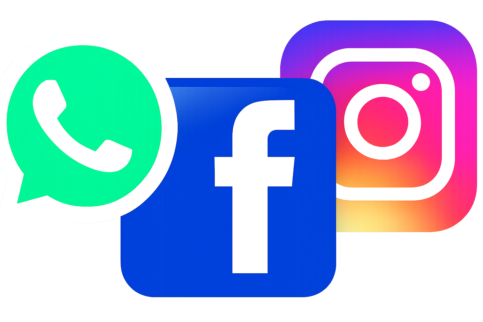 Logotipos de WhatsApp, Facebook e Instagram sobre un fondo blanco.