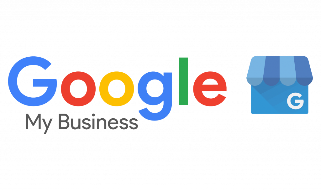 Logotipo de Google My Business con la marca denominativa multicolor de Google y el icono de tienda azul.