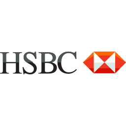 Logotipo de HSBC con texto negro y un emblema hexagonal rojo sobre un fondo blanco.