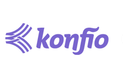 Logotipo de Konfio en color púrpura con un icono de flecha estilizada sobre un fondo blanco.