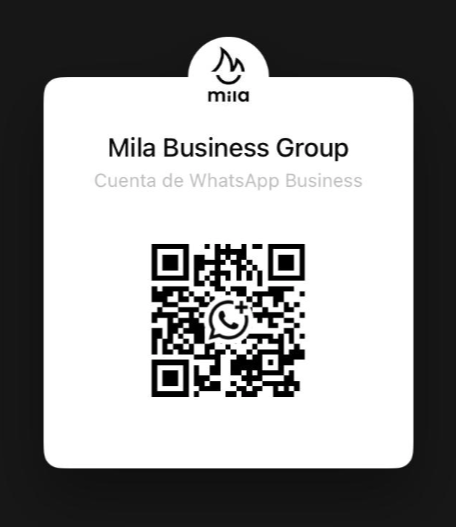 Tarjeta con código QR de WhatsApp Business de Mila Business Group sobre fondo blanco