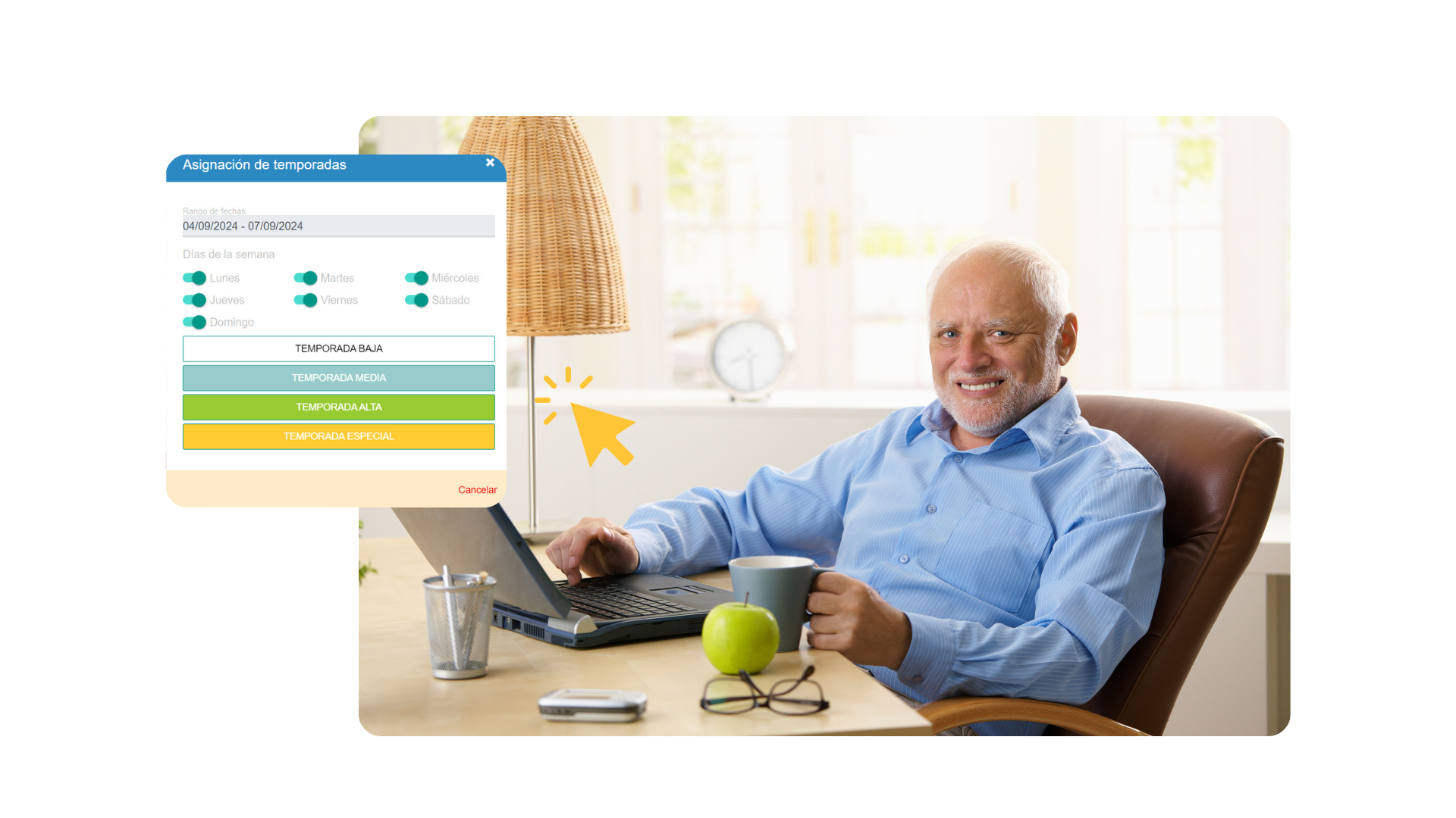 Hombre sonriendo frente a su computadora portátil en el sofá con un gráfico superpuesto y una manzana verde sobre la mesa.