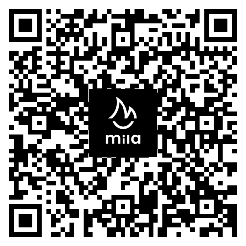 Código QR en blanco y negro con el logotipo de “mila” centrado sobre un fondo cuadrado negro.