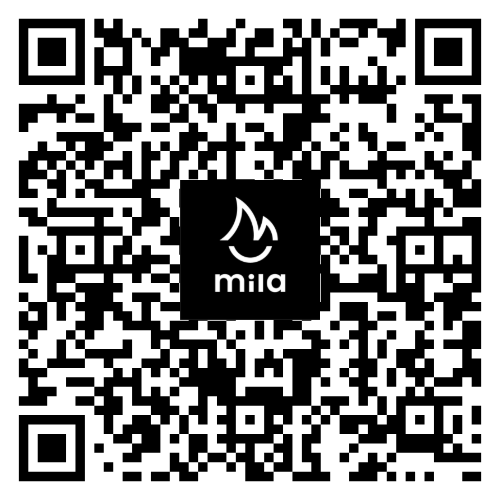 Código QR con un logotipo central negro que dice “mia” sobre un fondo blanco.