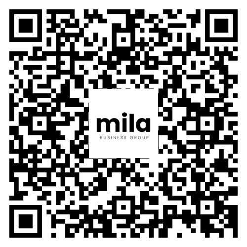Código QR en blanco y negro con el logotipo central de “mila business group”.
