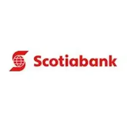Logotipo rojo de Scotiabank con icono de globo terráqueo estilizado sobre fondo blanco.