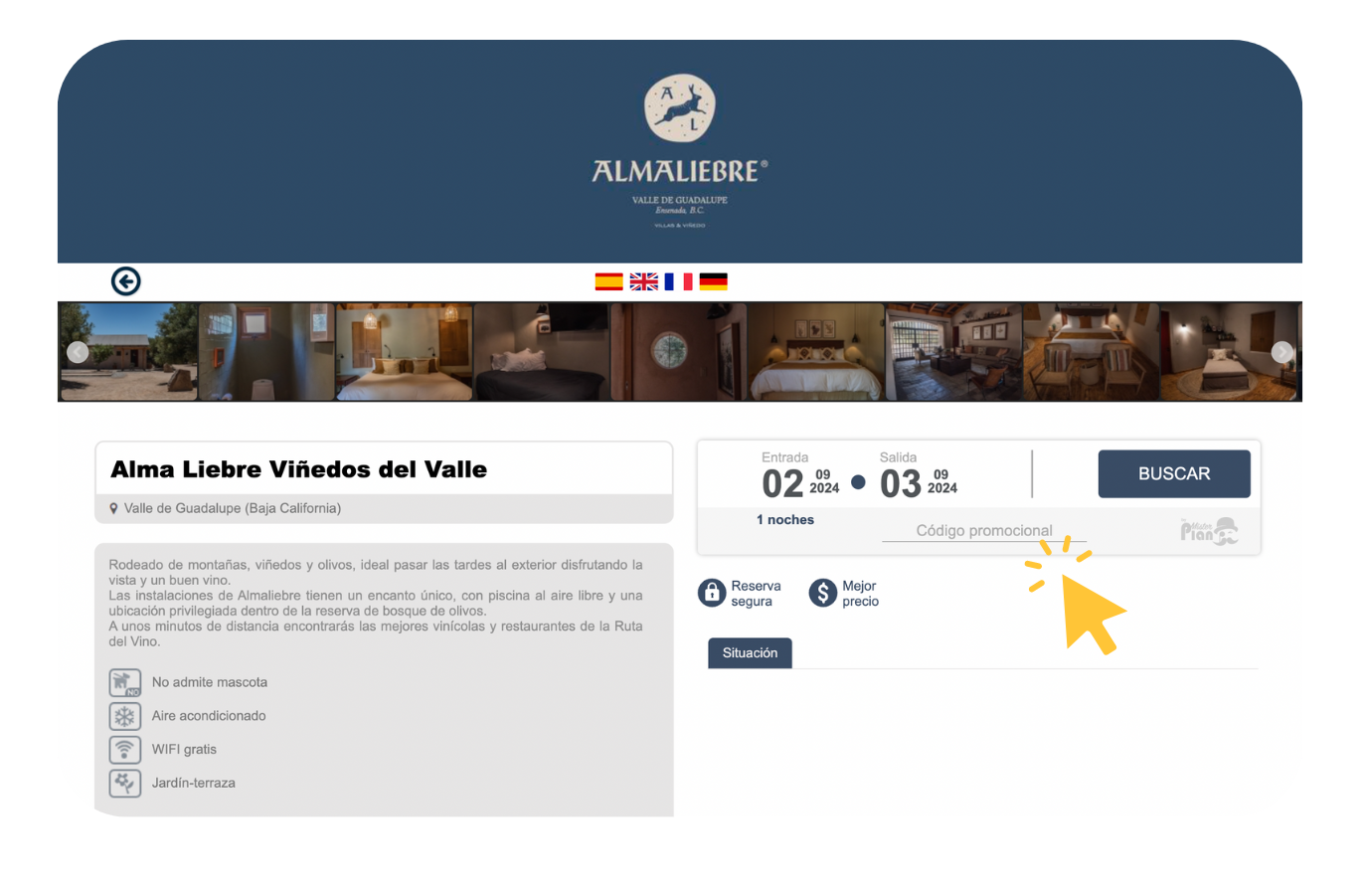 Captura de pantalla del sitio web de la página del evento Alma Libre Vidrio del Valle con fechas y botón de registro.
