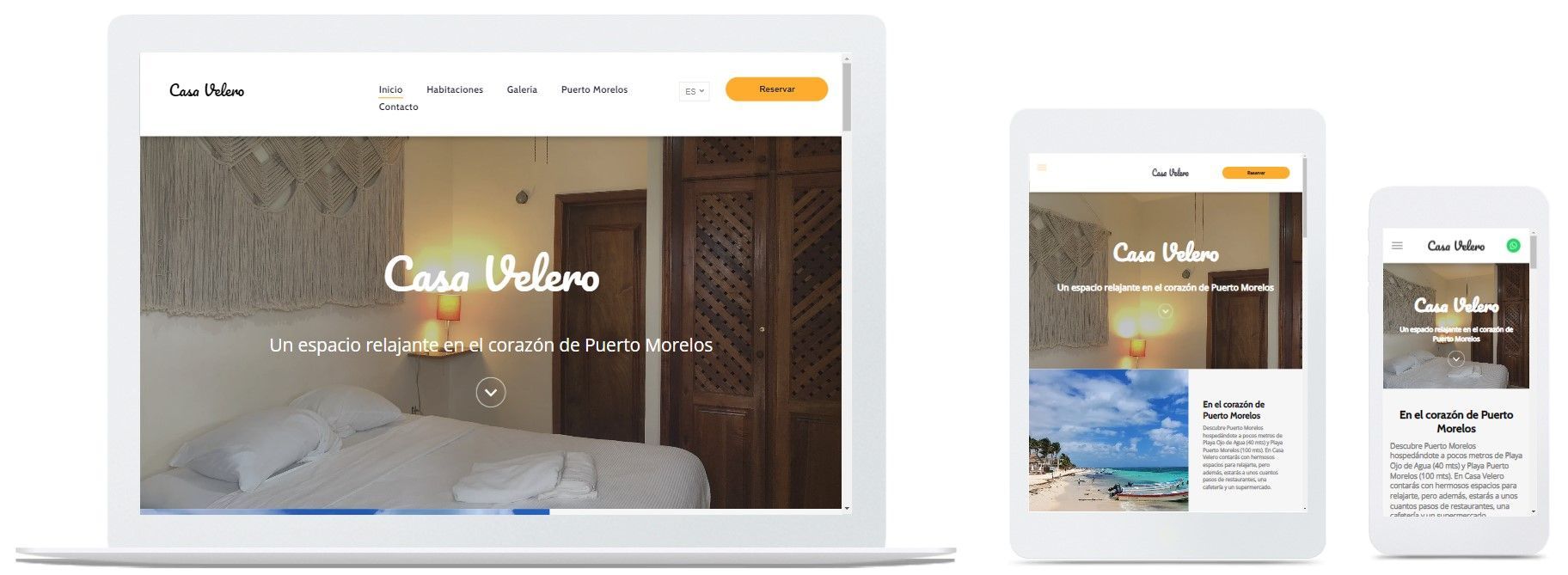 Maqueta de sitio web mostrada en computadora portátil, tableta y teléfono con una imagen principal de un dormitorio sereno y detalles en tonos tostados cálidos.