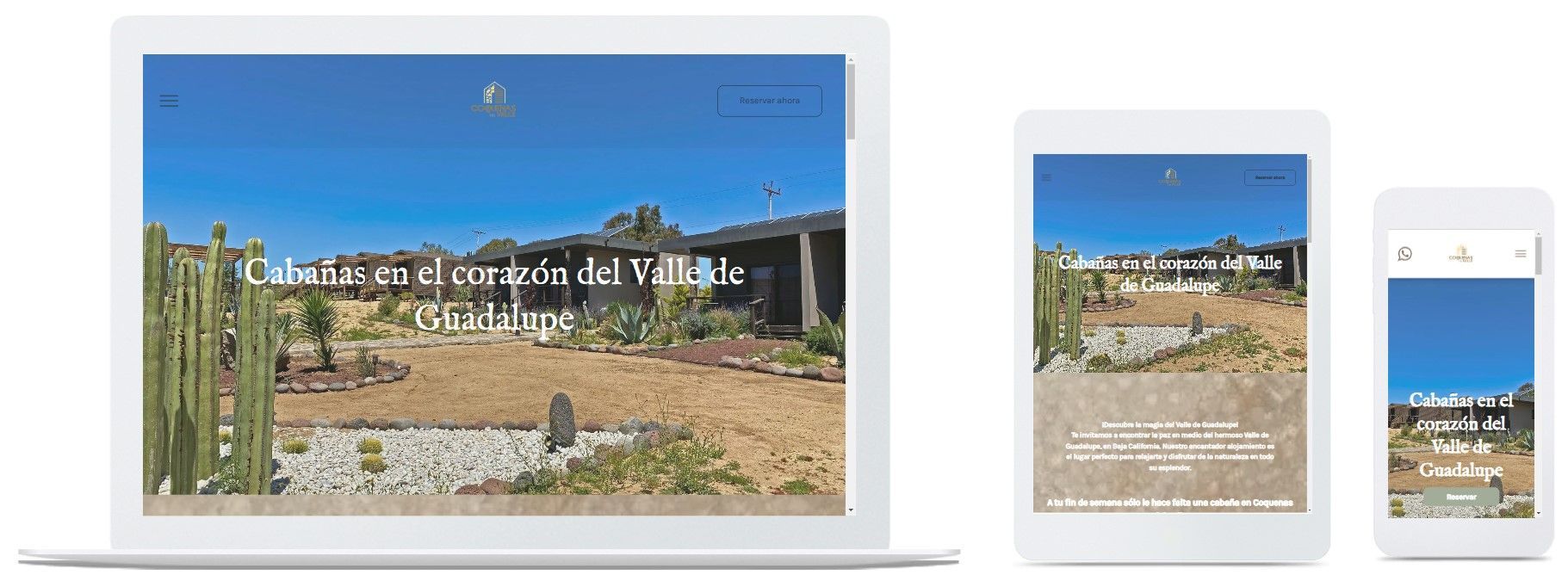 El sitio web se muestra en ordenadores de escritorio, tabletas y teléfonos móviles con una imagen principal de un paisaje desértico.
