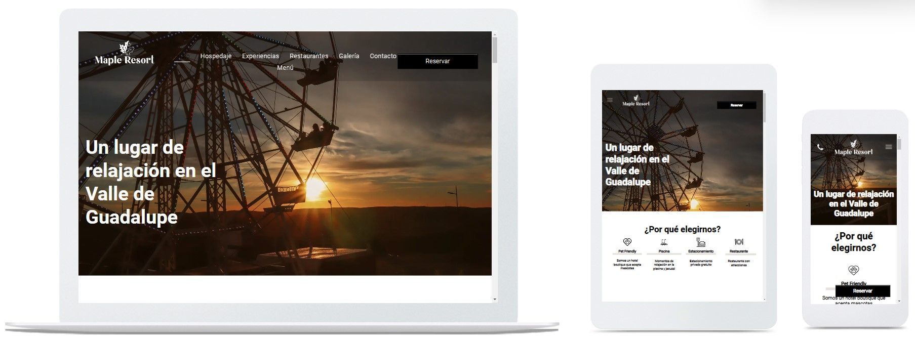 Maqueta de sitio web adaptable a ordenadores de escritorio, tabletas y teléfonos móviles, que muestra una imagen principal de un paisaje al atardecer y texto en español.