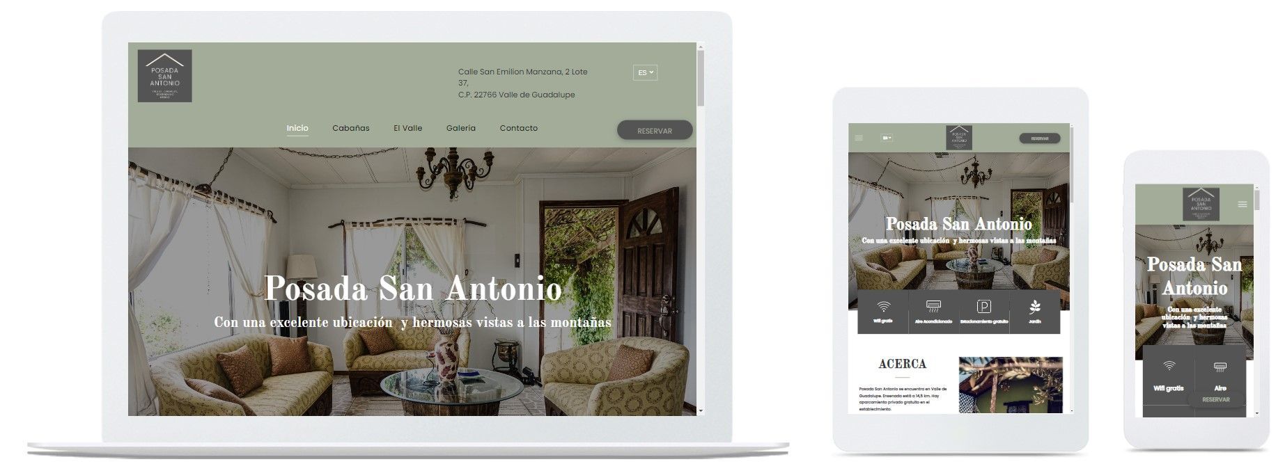 Maqueta de sitio web de hotel adaptable a ordenadores de escritorio, tabletas y teléfonos móviles con una imagen principal del vestíbulo.