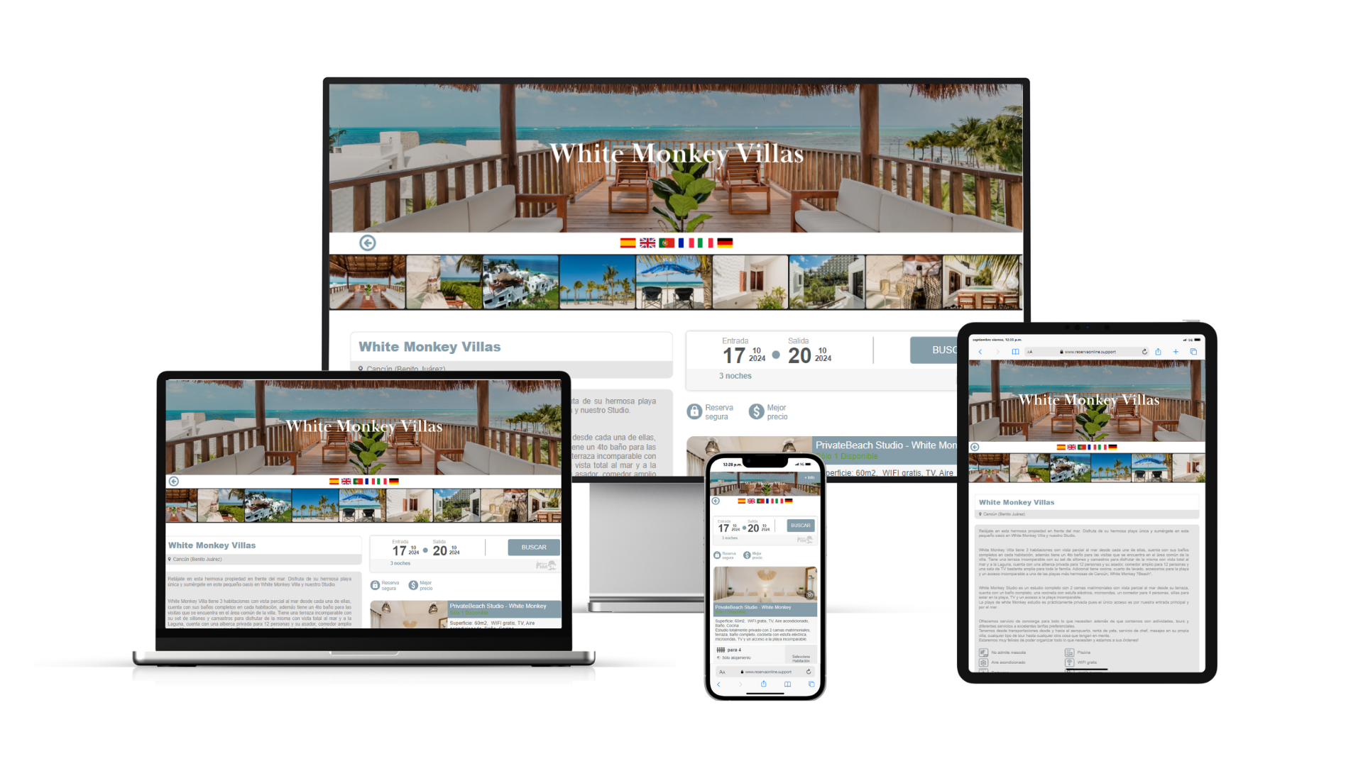 El sitio web se muestra en pantallas de ordenadores de escritorio, portátiles, tabletas y teléfonos móviles, y muestra la página de inicio de un complejo turístico de playa.