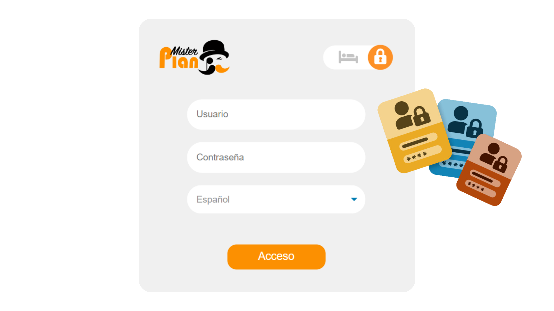 Pantalla de inicio de sesión con campos en español, botón de acceso naranja e iconos de tarjeta de crédito sobre un fondo claro.