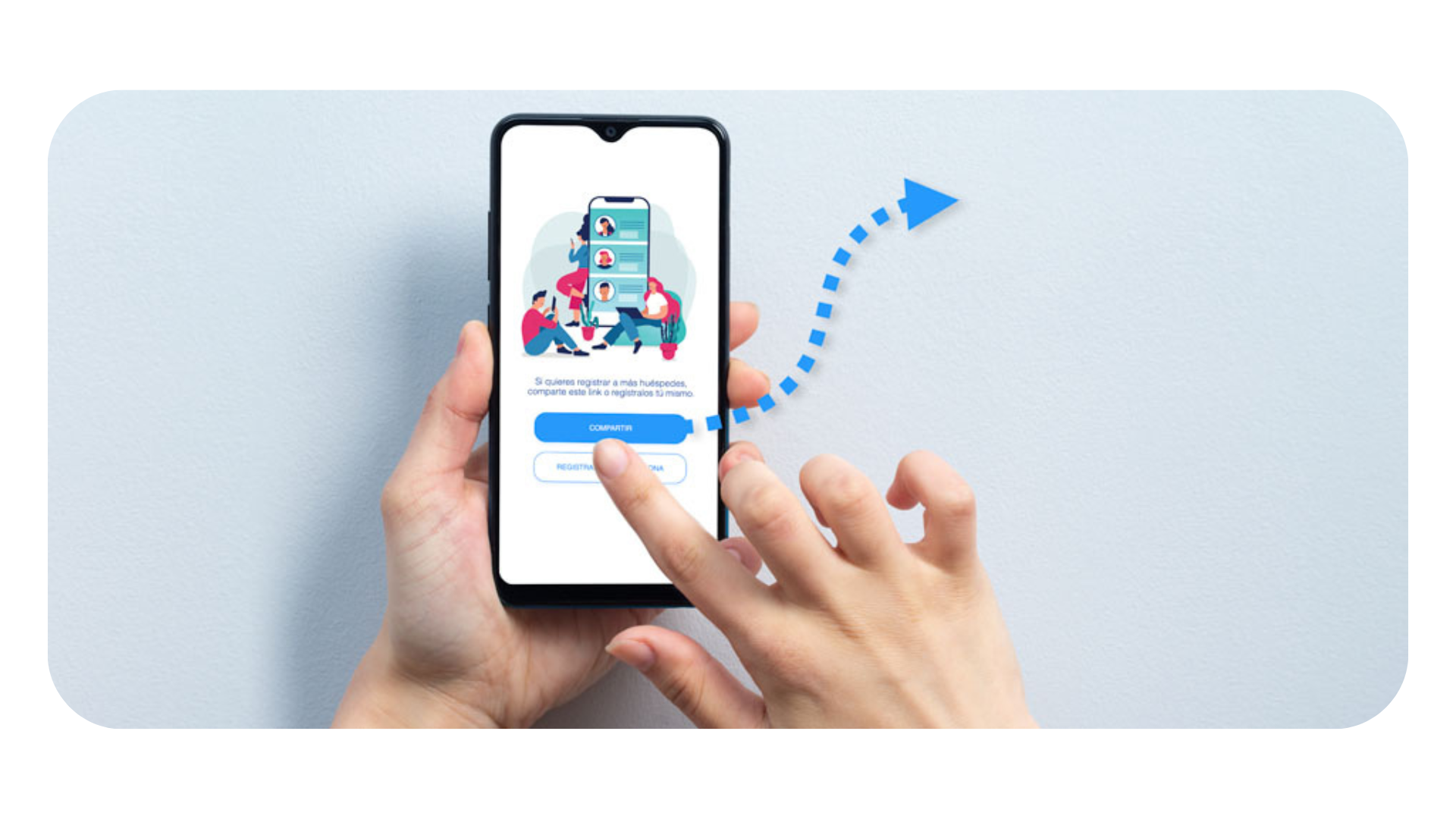 Manos usando un teléfono inteligente con una aplicación de compras y una flecha azul que indica acción de deslizar o tocar.