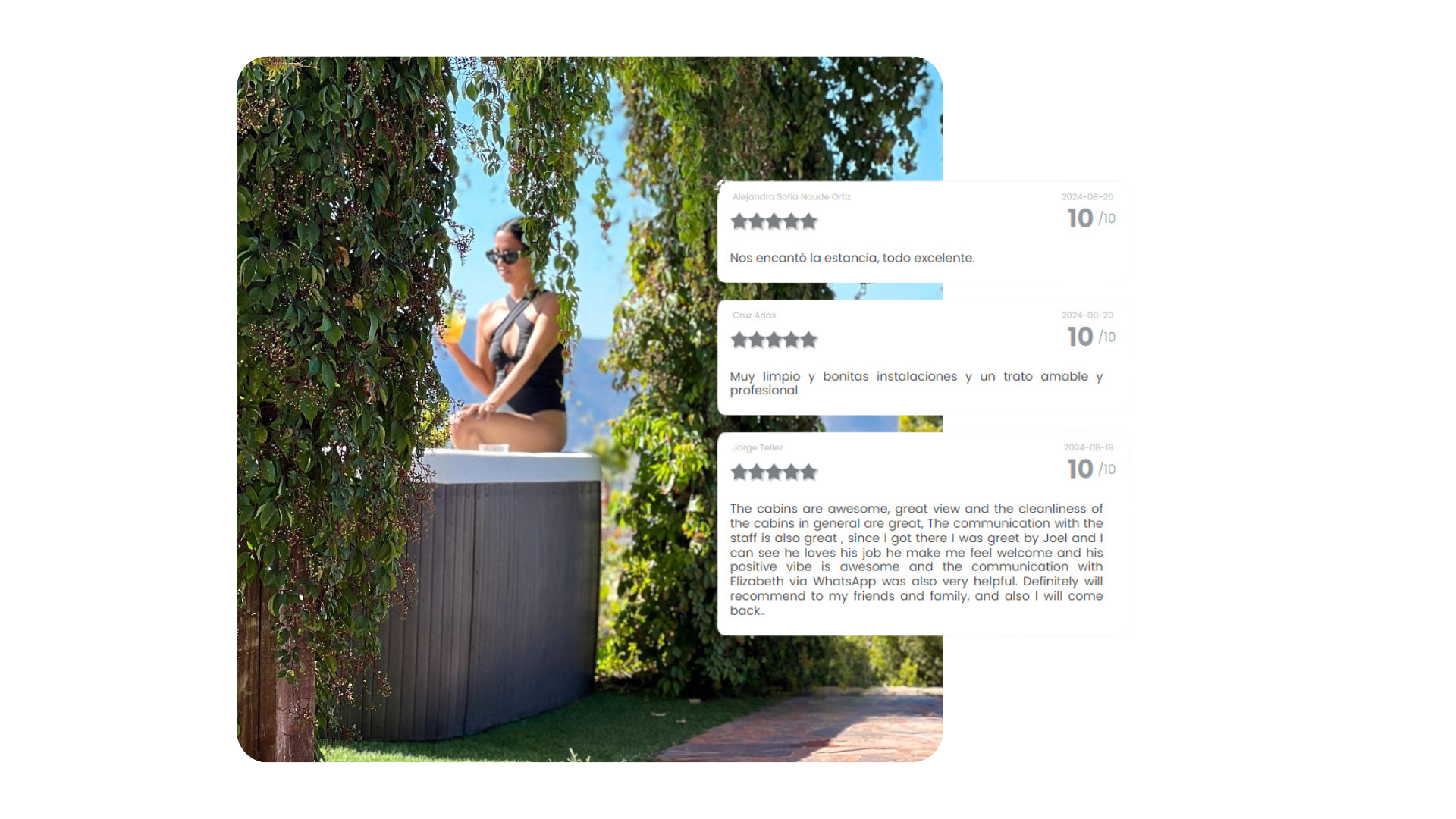 Mujer meditando sobre un pedestal de piedra en un jardín soleado, con enredaderas verdes y un panel informativo blanco superpuesto.