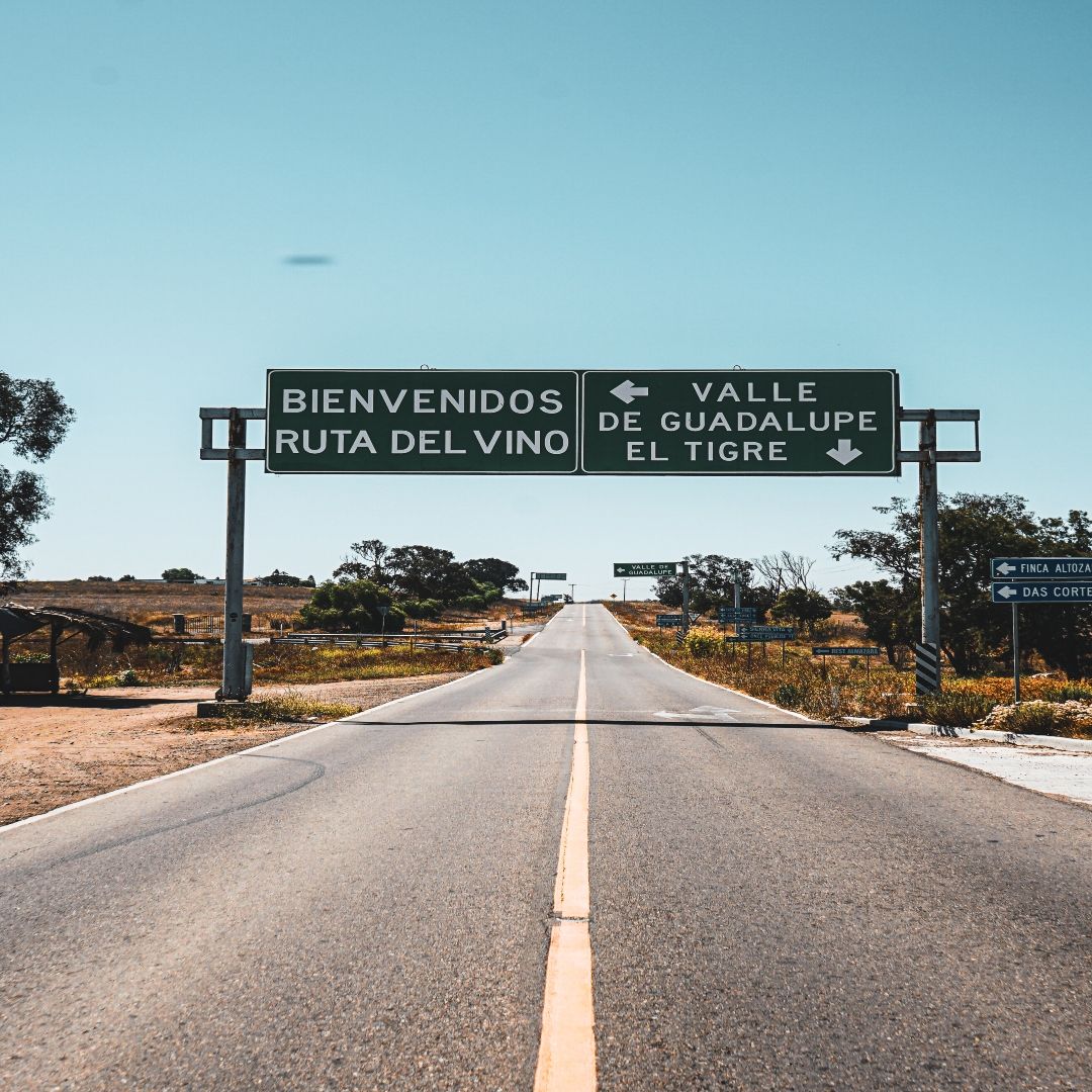 Road leading to a sign for Ruta del Vino, Valle de Guadalupe, and El Tigre under a blue sky